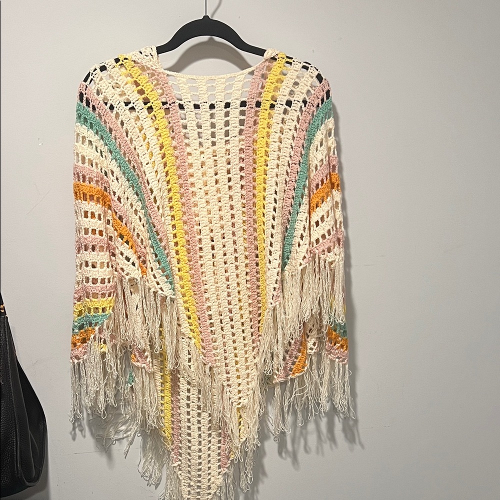 POL Pastel Crochet Fringe Poncho
